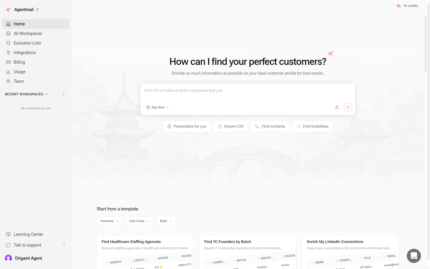 Origami dashboard showing the Import CSV button in the prompt area alongside quick actions like Find Contacts and Find Lookalikes