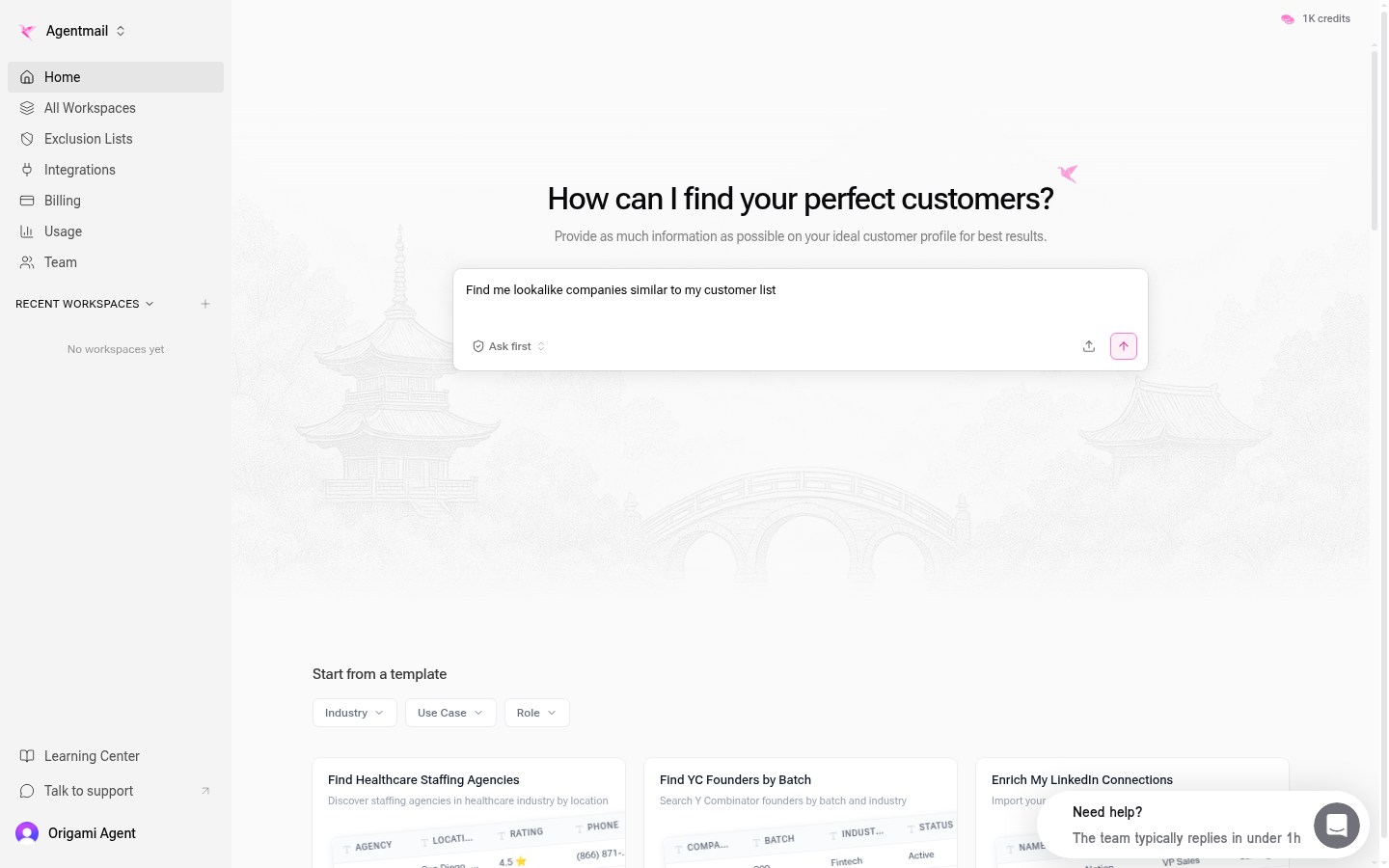 Origami prompt area with a lookalike search query typed in, ready to send